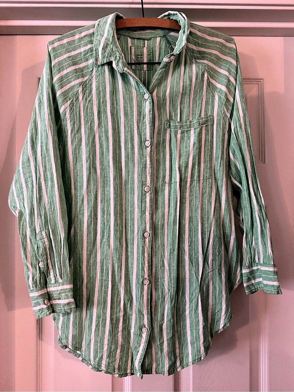 Aerrie Striped Button Down in Green & Pink Size XXS